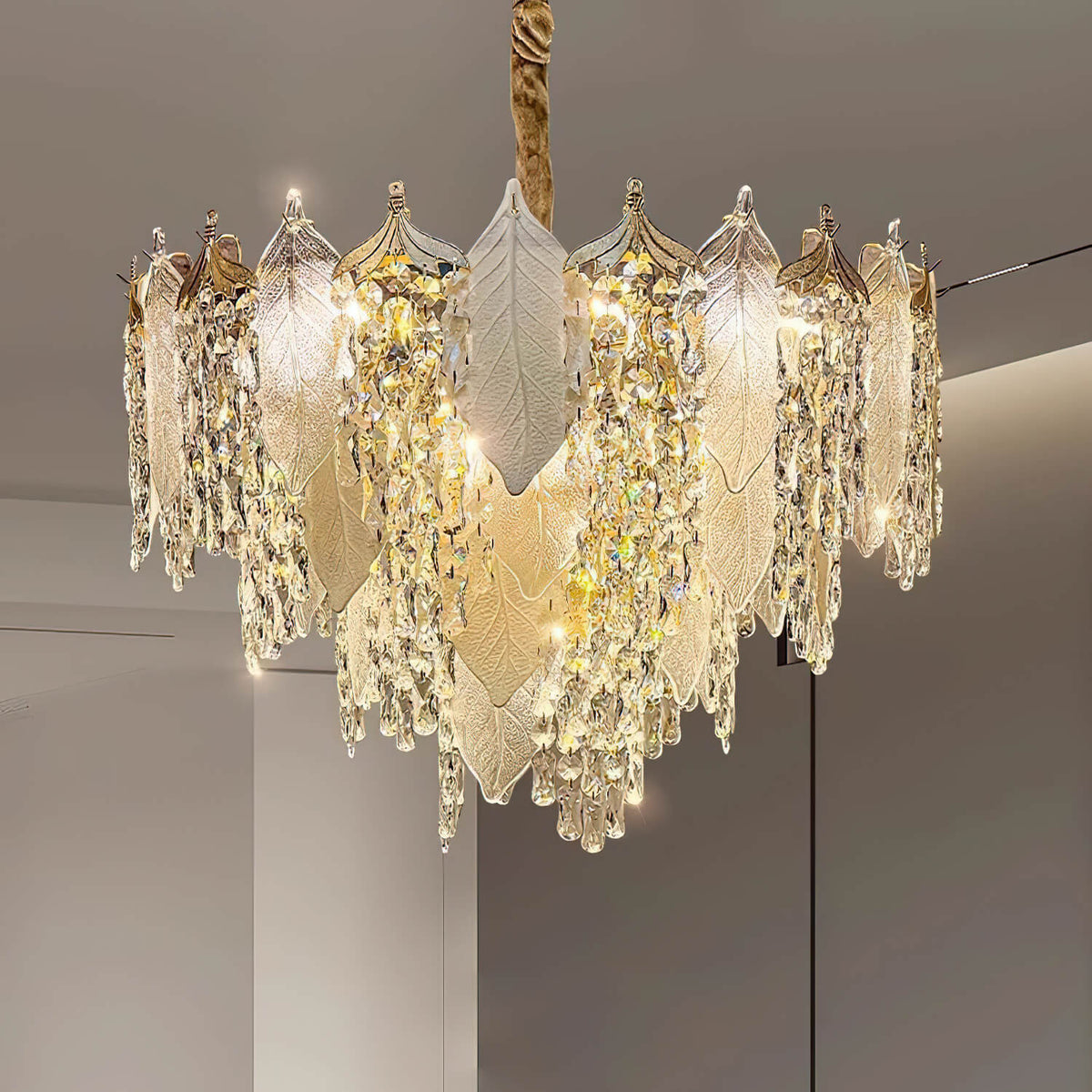 Crystal leaf chandelier in luxury room, featuring elegant leaf-shaped crystals that add sparkling sophistication and refined ambiance.