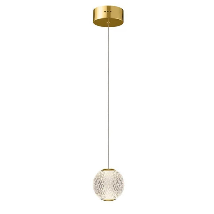 Crystal prism pendant light with gold finish, LED bulb, gold hanging cord, and matching gold ceiling mount for elegant modern lighting