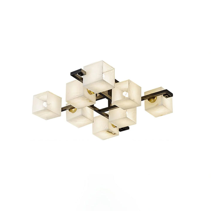 Bottom view of Cubist Alabaster Cluster ceiling lamp with 8 square marble panels