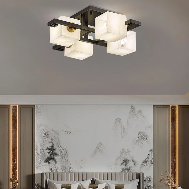 Bedside view of Cubist Alabaster Cluster ceiling lamp in modern bedroom