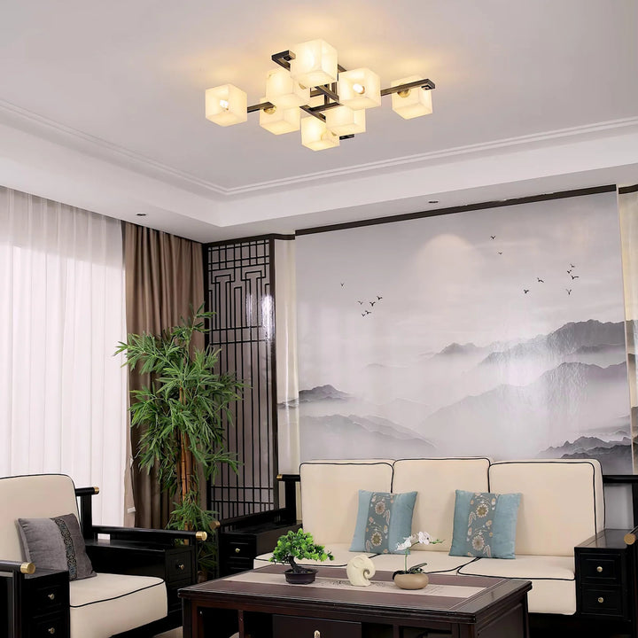 Living room view with Cubist Alabaster Cluster ceiling lamp modern design