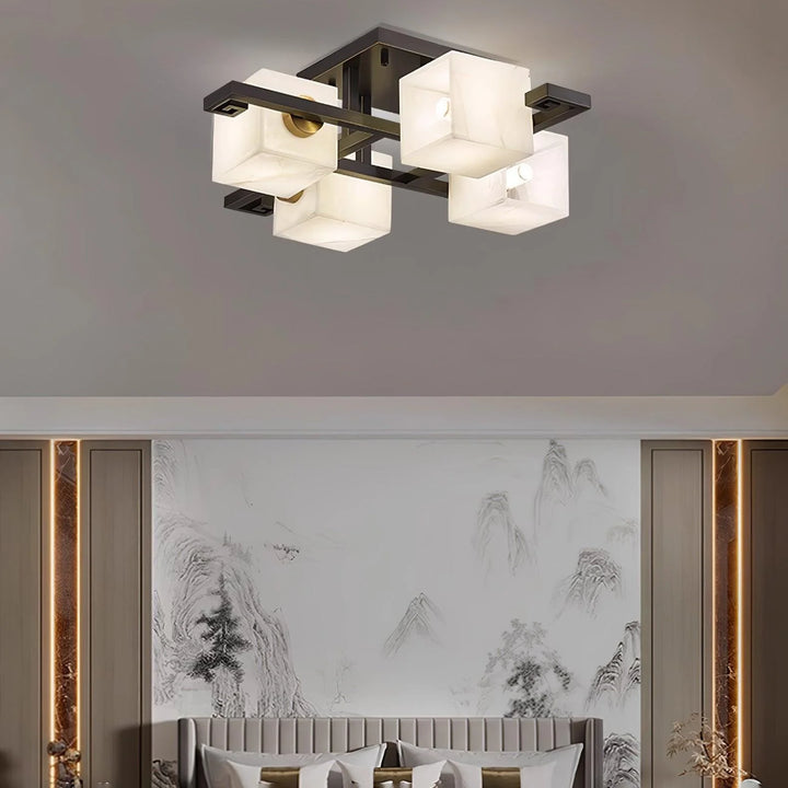 Front view of Cubist Alabaster Cluster ceiling lamp in modern bedroom
