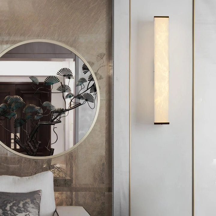 Luxury living room view with cuboid alabaster wall light for stylish interiors