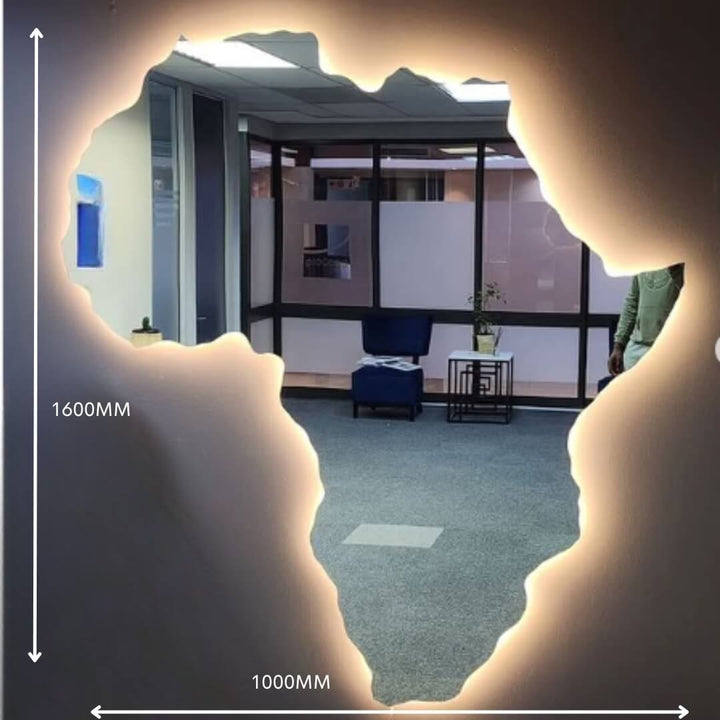 Custom Africa-shaped wall mirror with LED lighting – dimension view showing size and layout for modern decorative installation.