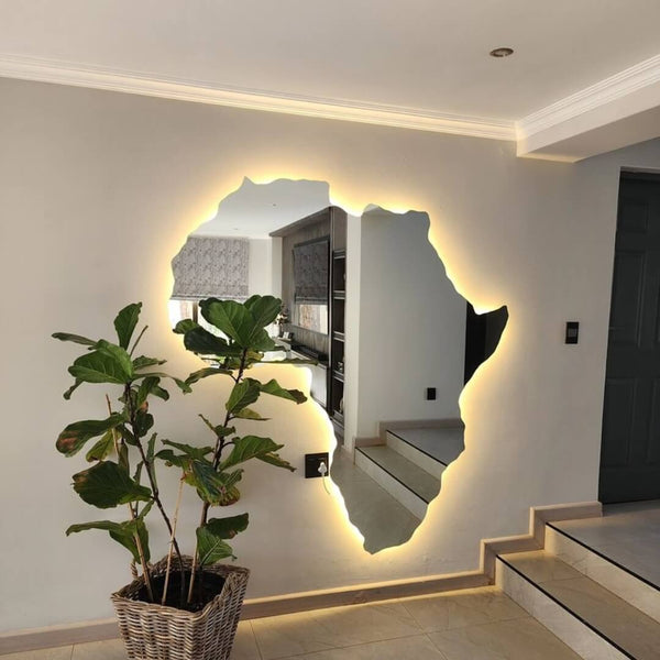 Custom Africa-shaped wall mirror with LED lighting – unique decorative mirror combining cultural design and modern illumination