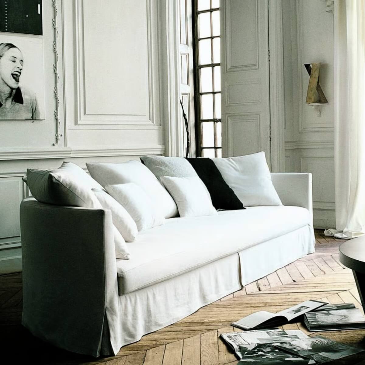 Stylish Astral Affinity Celestial sofa with breathable cotton linen fabric, front corner view