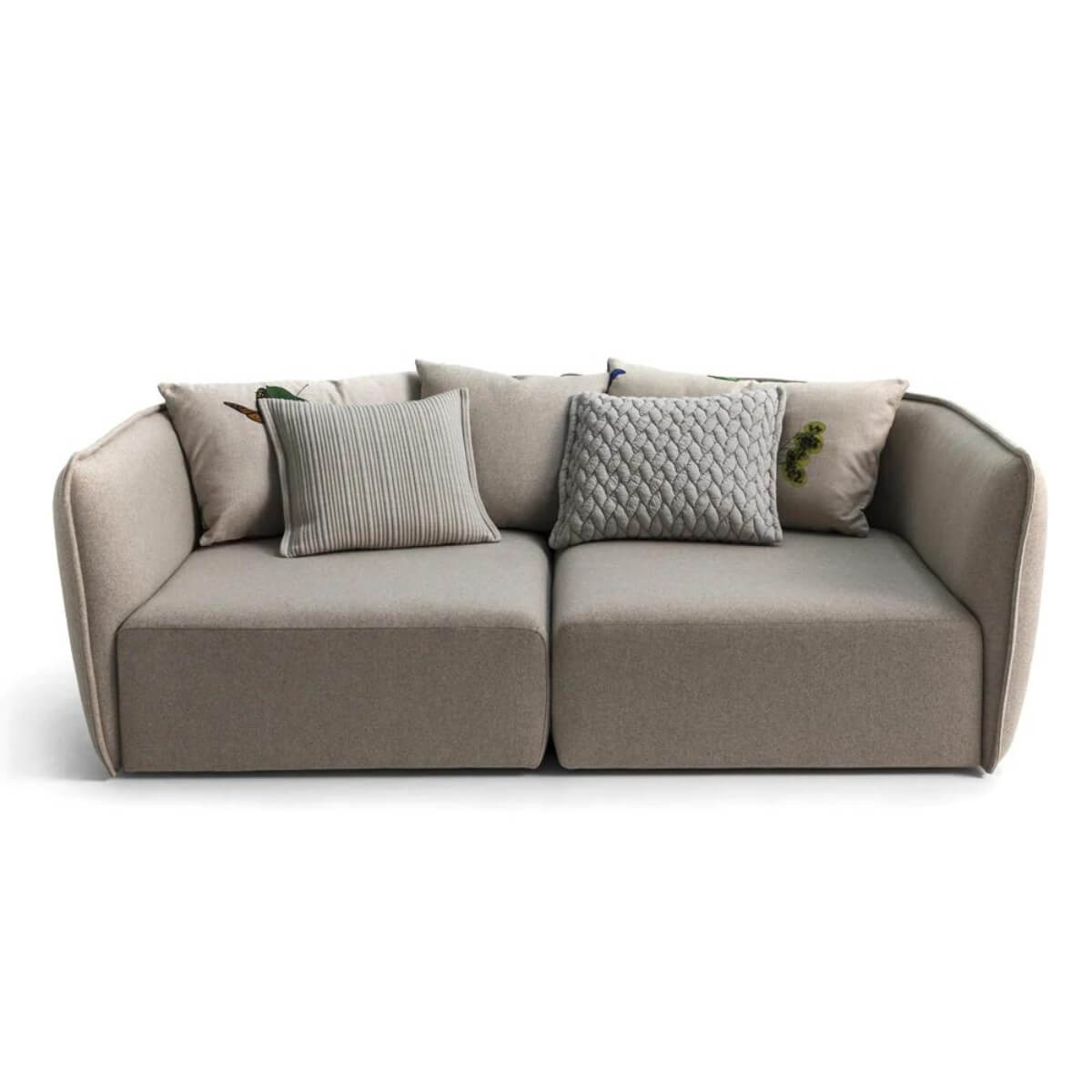Front-facing view of Epicurean Enclave custom sofa upholstered in soft cotton fabric