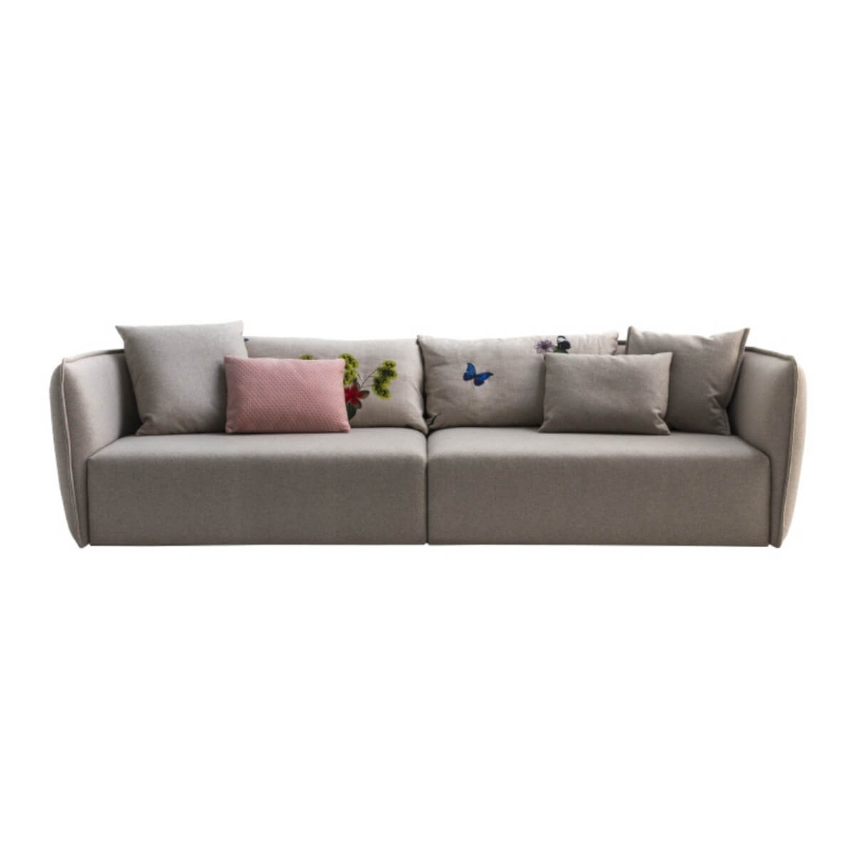 Front-facing view of Epicurean Enclave custom sofa upholstered in soft cotton fabric