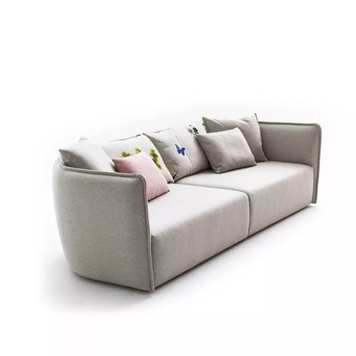 Side view of Astral Arc custom sofa featuring breathable cotton linen upholstery