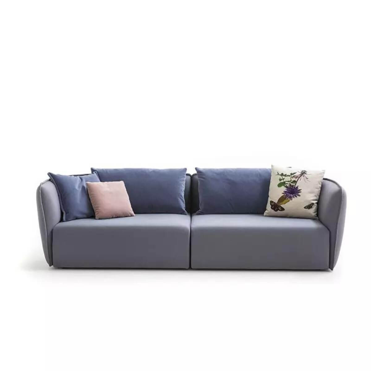 Custom Astral Arc sofa with cotton linen upholstery, angled front view showcasing curved desig