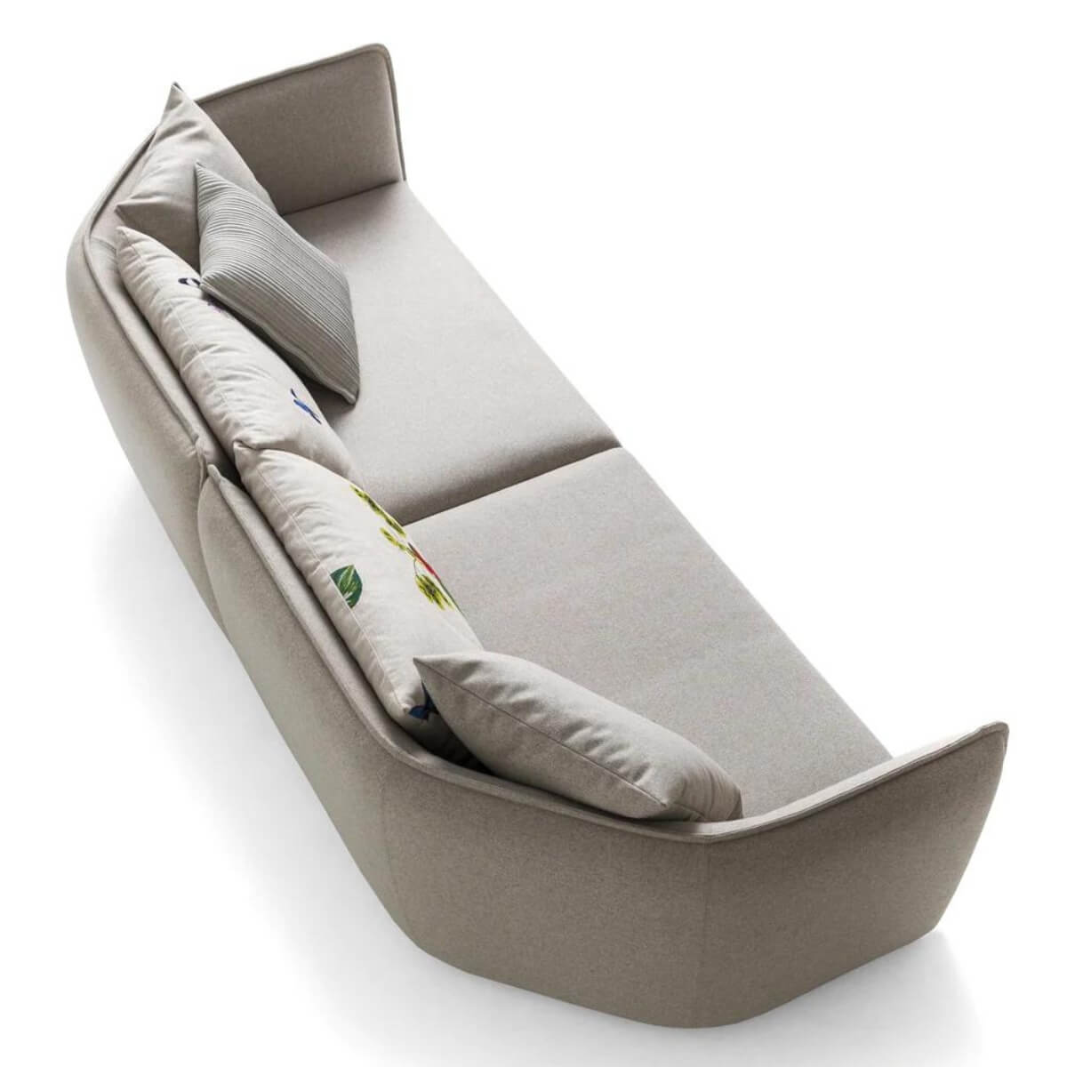 Curved modern sofa from Astral Arc collection with natural cotton linen fabric