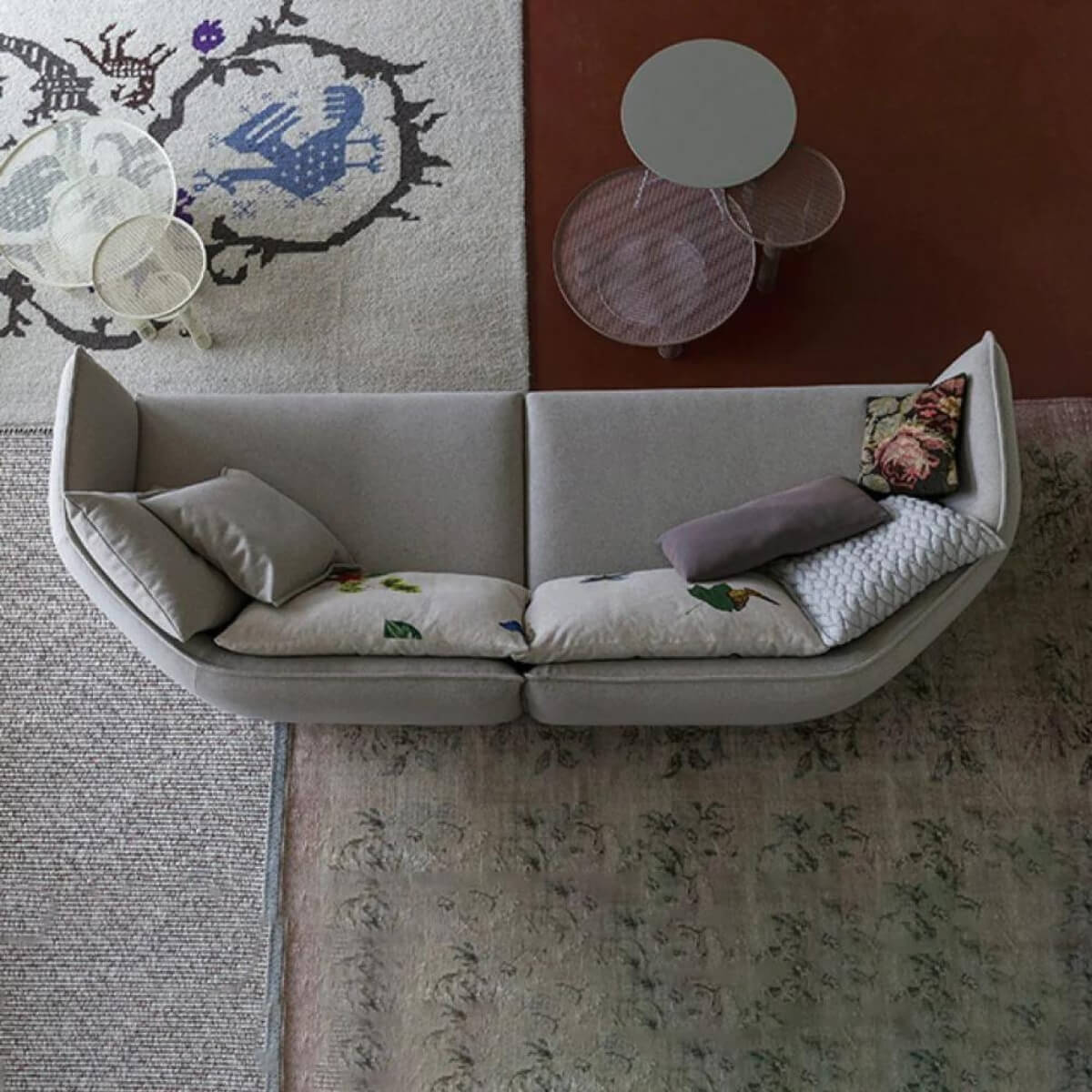 Curved back profile of Astral Arc sofa in breathable cotton linen upholstery