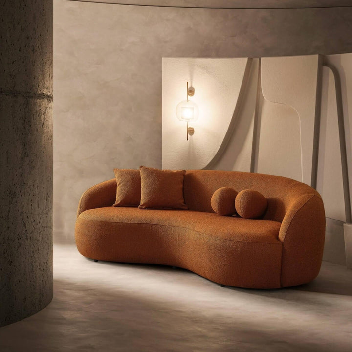 Custom-made Astral Ascent sofa with sleek silhouette and cotton linen fabric, angled view