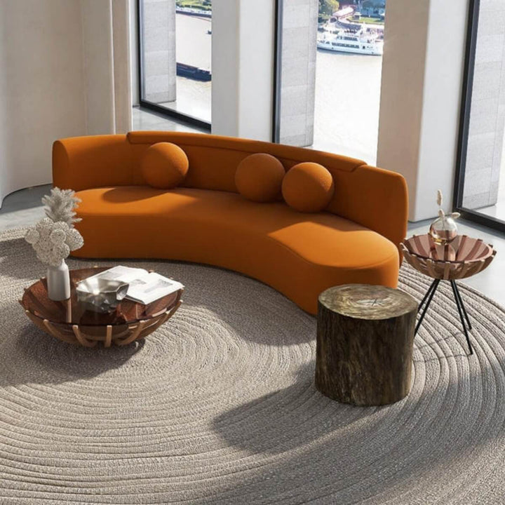 Stylish Astral Ascent sofa featuring soft cotton linen upholstery seen from front side angle