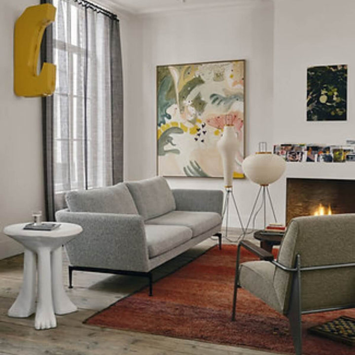 Custom Aurora Alcove sofa upholstered in cotton linen fabric, angled modern design