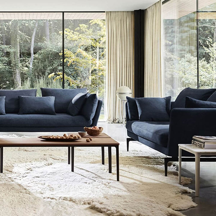 Angled view of Aurora Alcove custom sofa with soft cotton linen upholstery