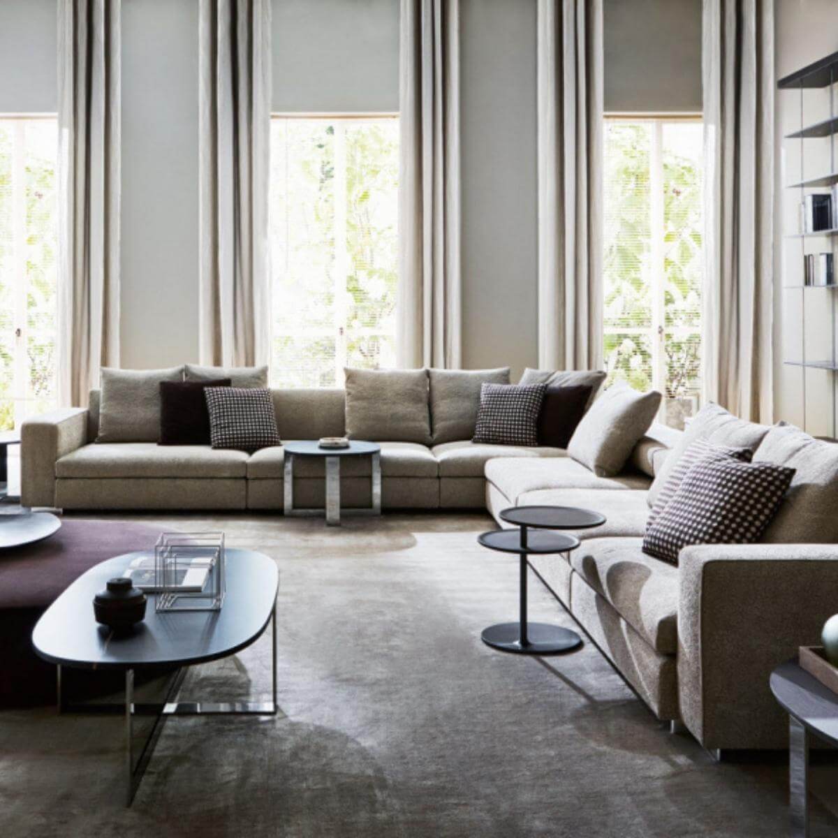 Rear angle of Avantgarde custom sofa featuring soft cotton linen fabric and sleek silhouette