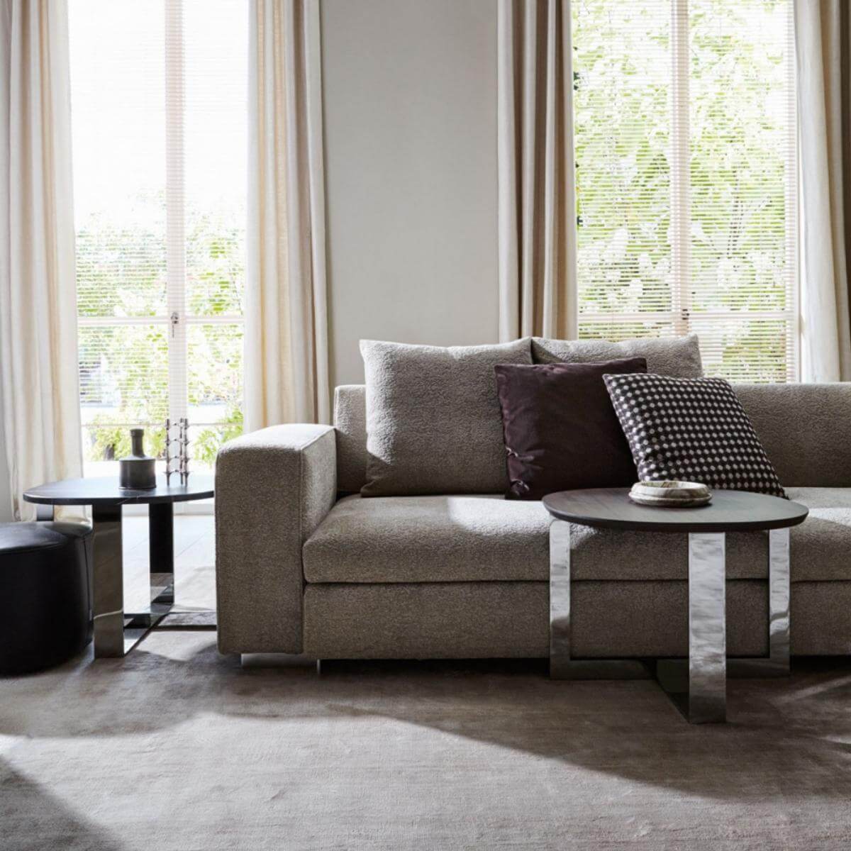 Front-facing view of Avantgarde custom sofa upholstered in soft cotton linen fabric
