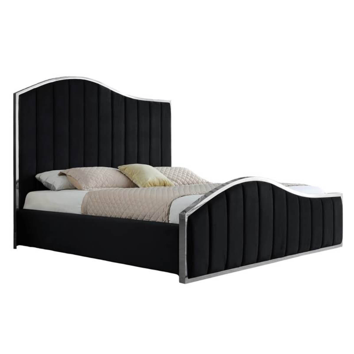 Side view of custom Blissful Boulevard cotton linen bed featuring breathable fabric and sleek frame