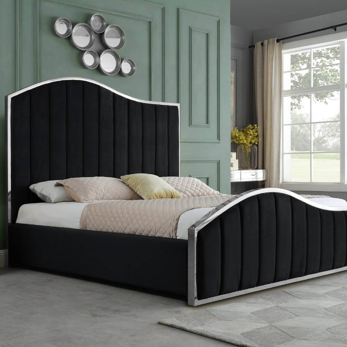Side view of custom Blissful Boulevard cotton linen bed showcasing breathable fabric and sleek frame