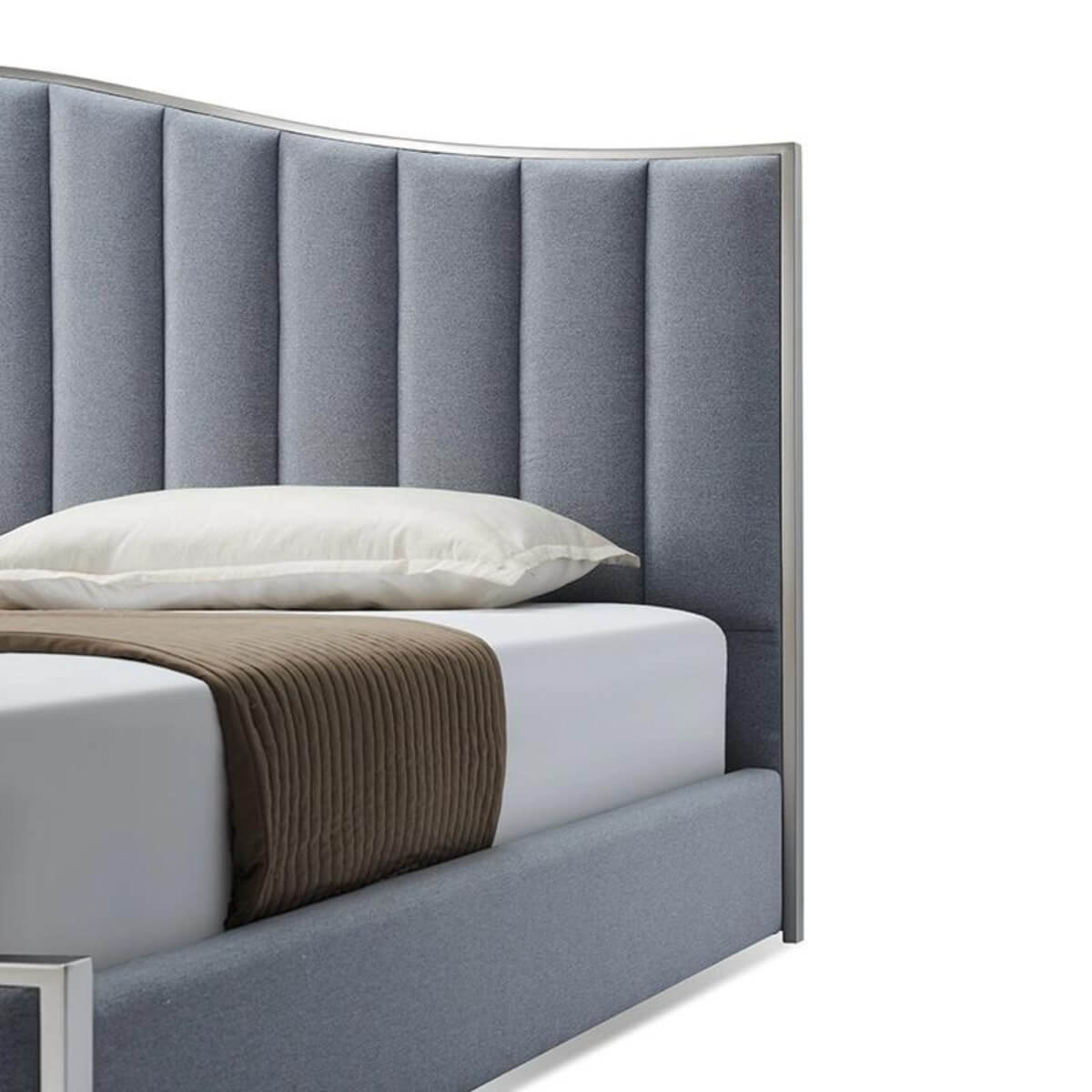 Close-up side detail of custom Blissful Boulevard cotton linen bed showing fabric texture and stitching