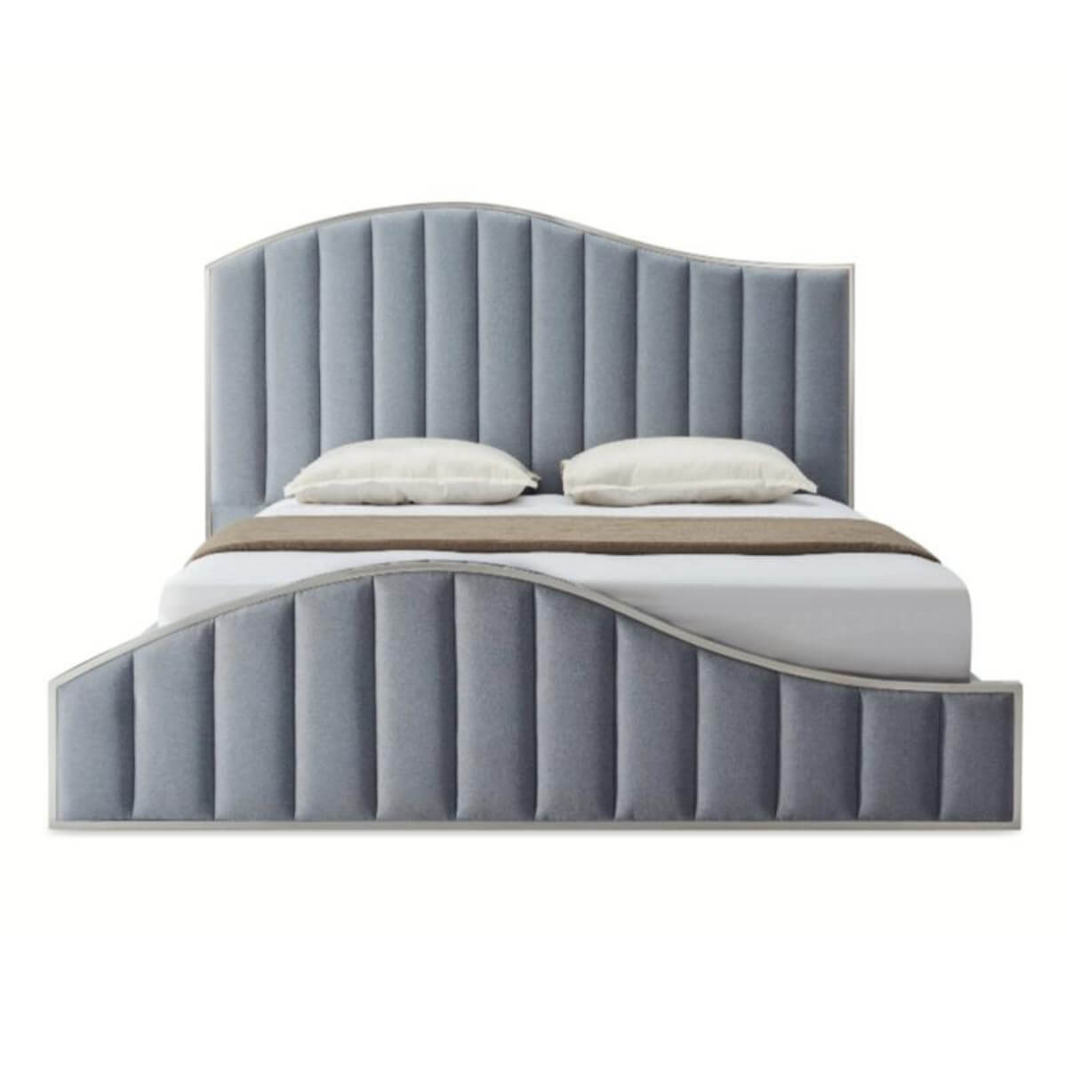 Front-side view of custom Blissful Boulevard cotton linen bed showcasing breathable fabric and sleek frame