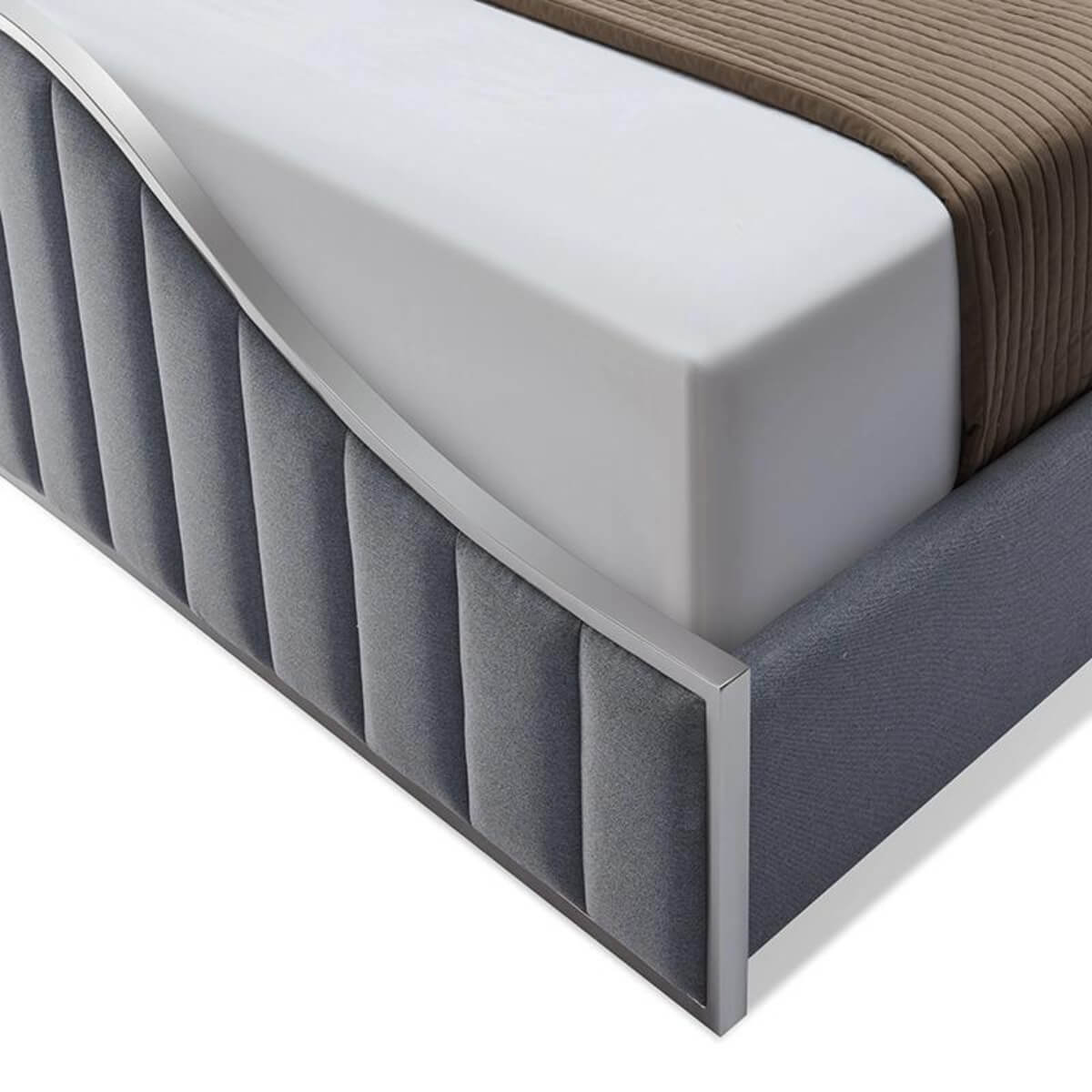 Close-up lower view of custom Blissful Boulevard cotton linen bed showing fabric texture and frame detail