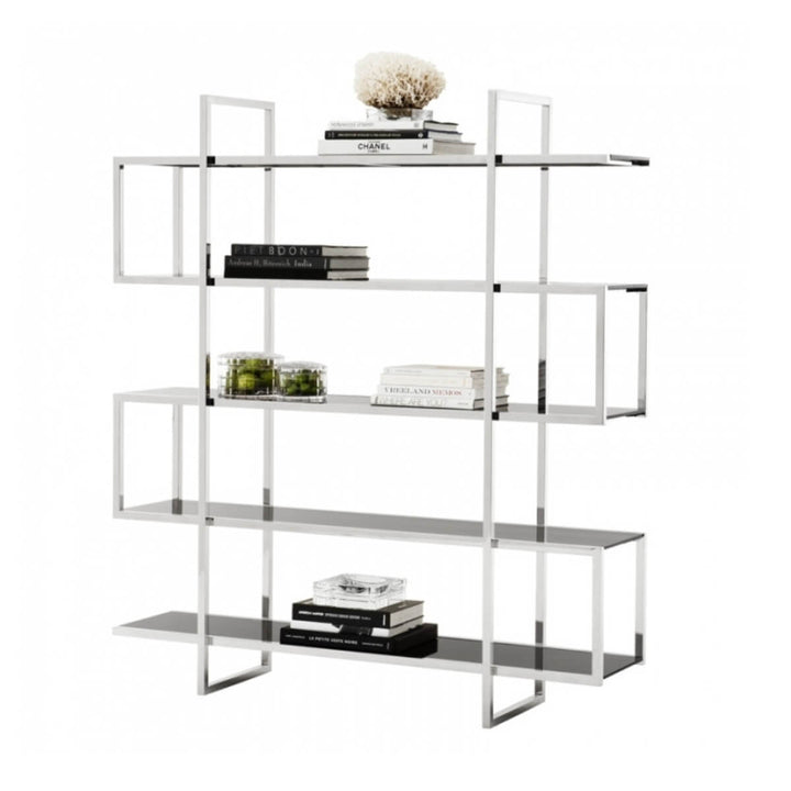 Side view of Custom Book Haven bookshelf with black glass shelves – contemporary design showcasing sleek frame and spacious storage