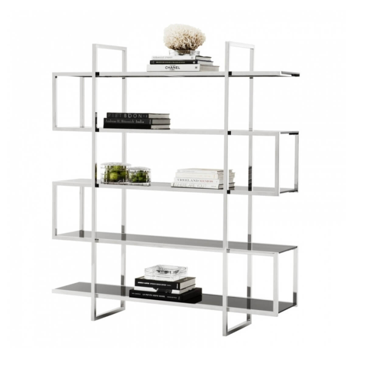 Side view of Custom Book Haven bookshelf with black glass shelves – contemporary design showcasing sleek frame and spacious storage
