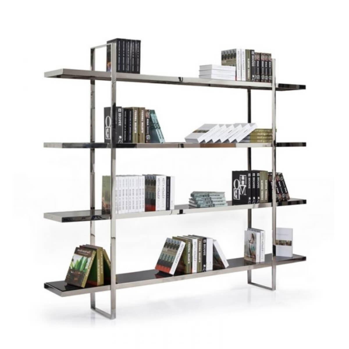 Custom Book Haven bookshelf with black tempered glass shelves and sleek metal frame – elegant modern design ideal for stylish storage