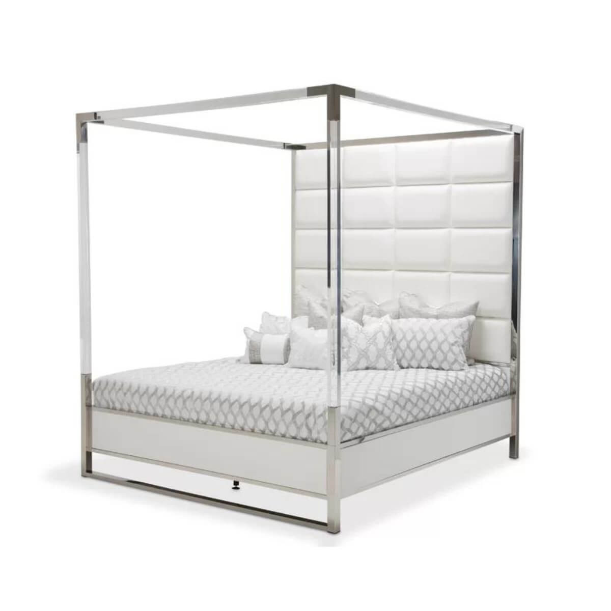 Side view of Classic Comfort canopy velvet bed showcasing plush upholstery and elegant frame design