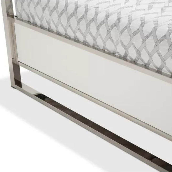 Lower view of Classic Comfort canopy velvet bed showcasing sturdy frame and plush velvet upholstery