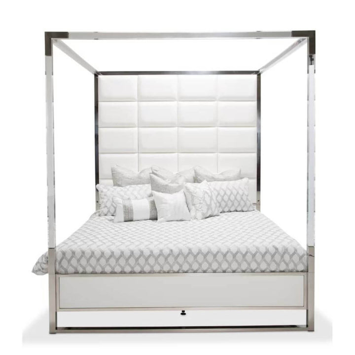 Front view of Classic Comfort canopy velvet bed featuring plush velvet upholstery and elegant frame