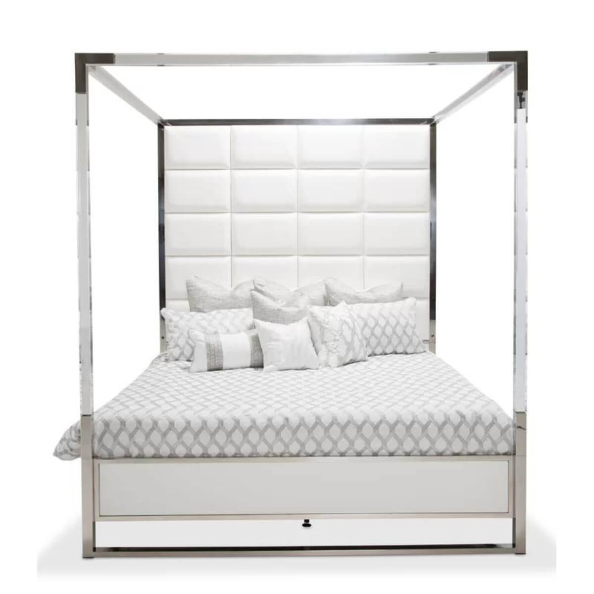 Front view of Classic Comfort canopy velvet bed featuring plush velvet upholstery and elegant frame
