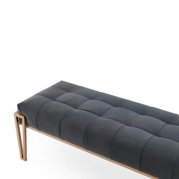 Left side detailed view of Custom Comfort Cove velvet bedroom bench – showcasing plush velvet upholstery, refined stitching, and sleek frame design