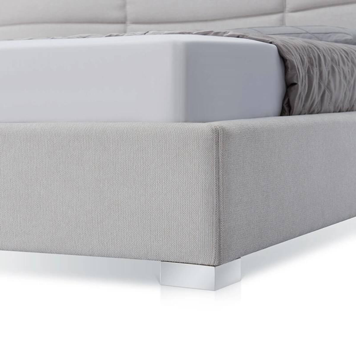 Close-up of custom Cosmo Comfort cotton linen bed corner showing fabric texture and sturdy frame