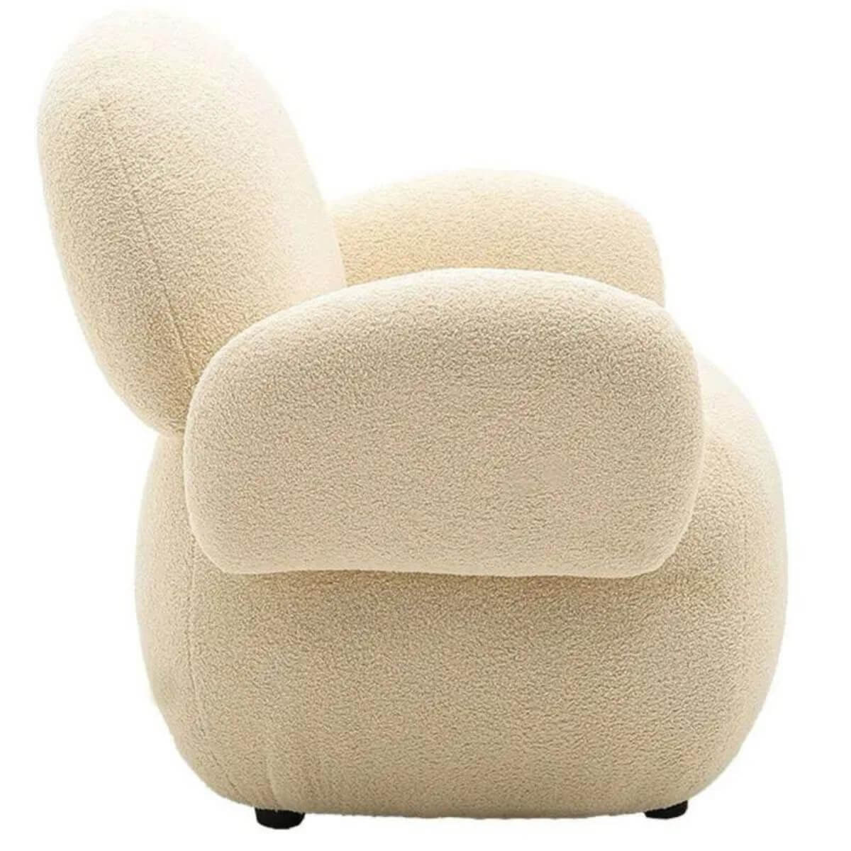 Side view of custom Cuddly Teddy fabric leisure lounge chair showcasing plush upholstery and cozy design