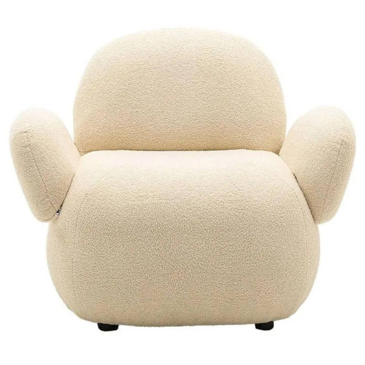 Front view of custom Cuddly Teddy fabric leisure lounge chair featuring plush cushions and cozy design