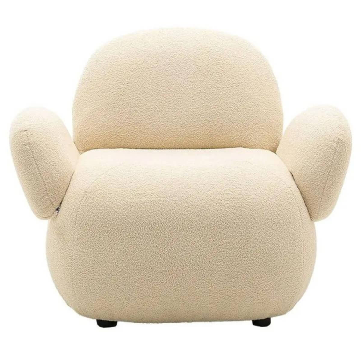 Front view of custom Cuddly Teddy fabric leisure lounge chair featuring plush cushions and cozy design
