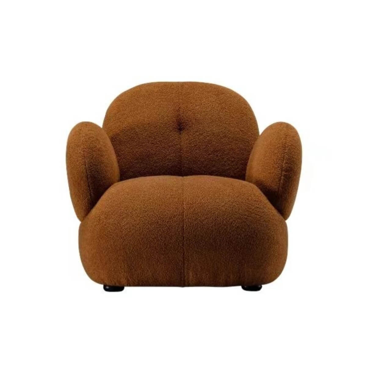 Front view of custom Cuddly Teddy fabric leisure lounge chair featuring plush cushions and cozy design