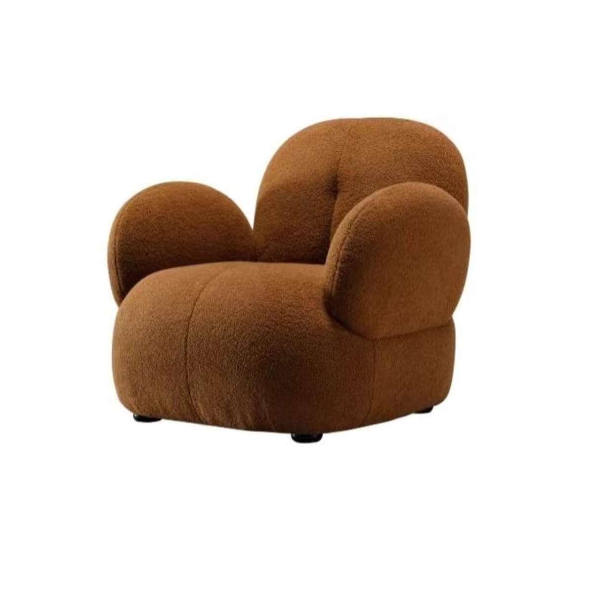 Side view of custom Cuddly Teddy fabric leisure lounge chair showcasing plush upholstery and cozy design