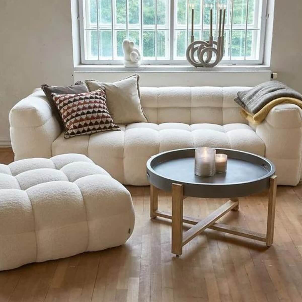 Custom cushion canvas modern teddy sofa in living room – plush teddy upholstery with modular design, styled in a cozy contemporary settin
