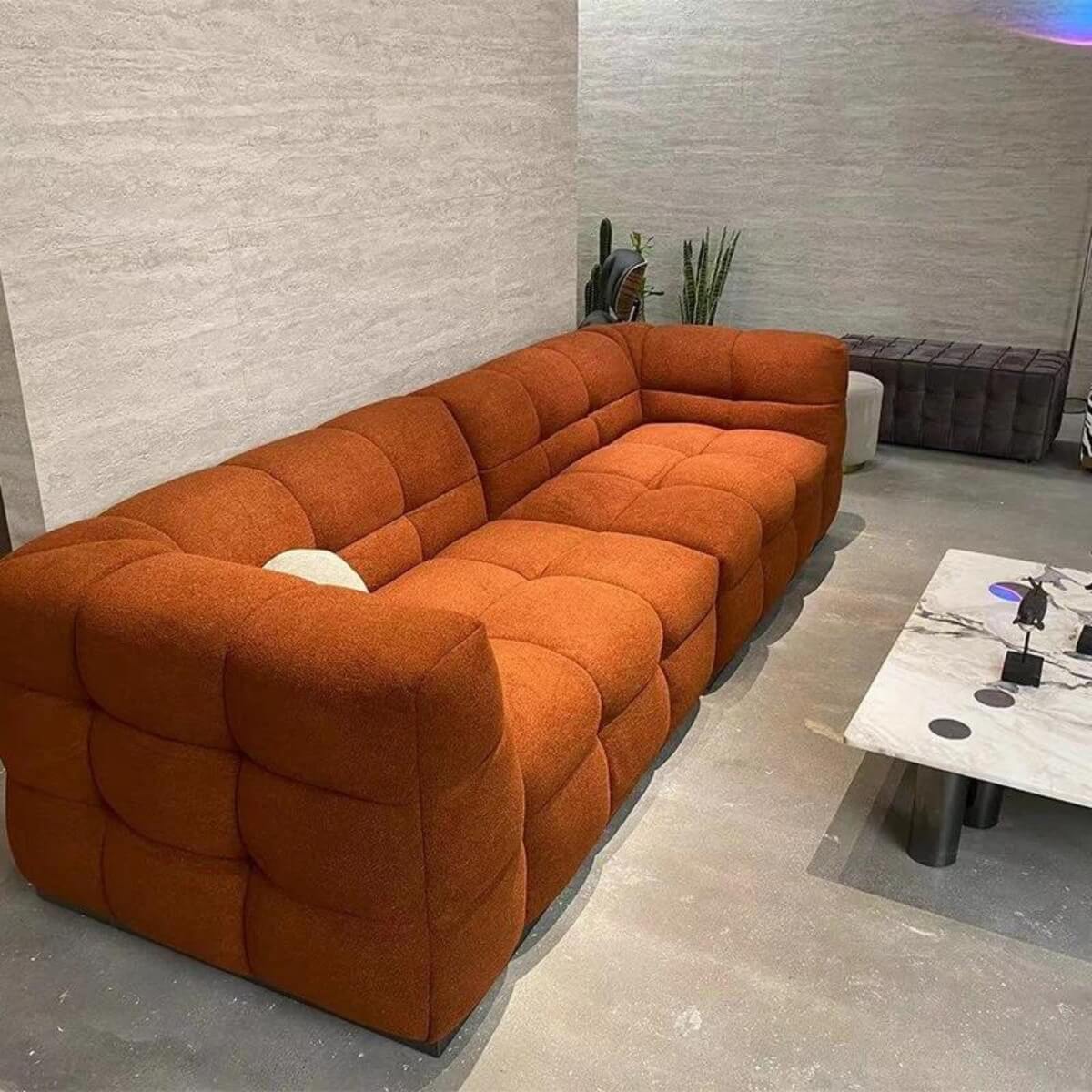 Side view of custom cushion canvas modern teddy sofa – plush teddy fabric upholstery with sleek, modern design and comfortable seating