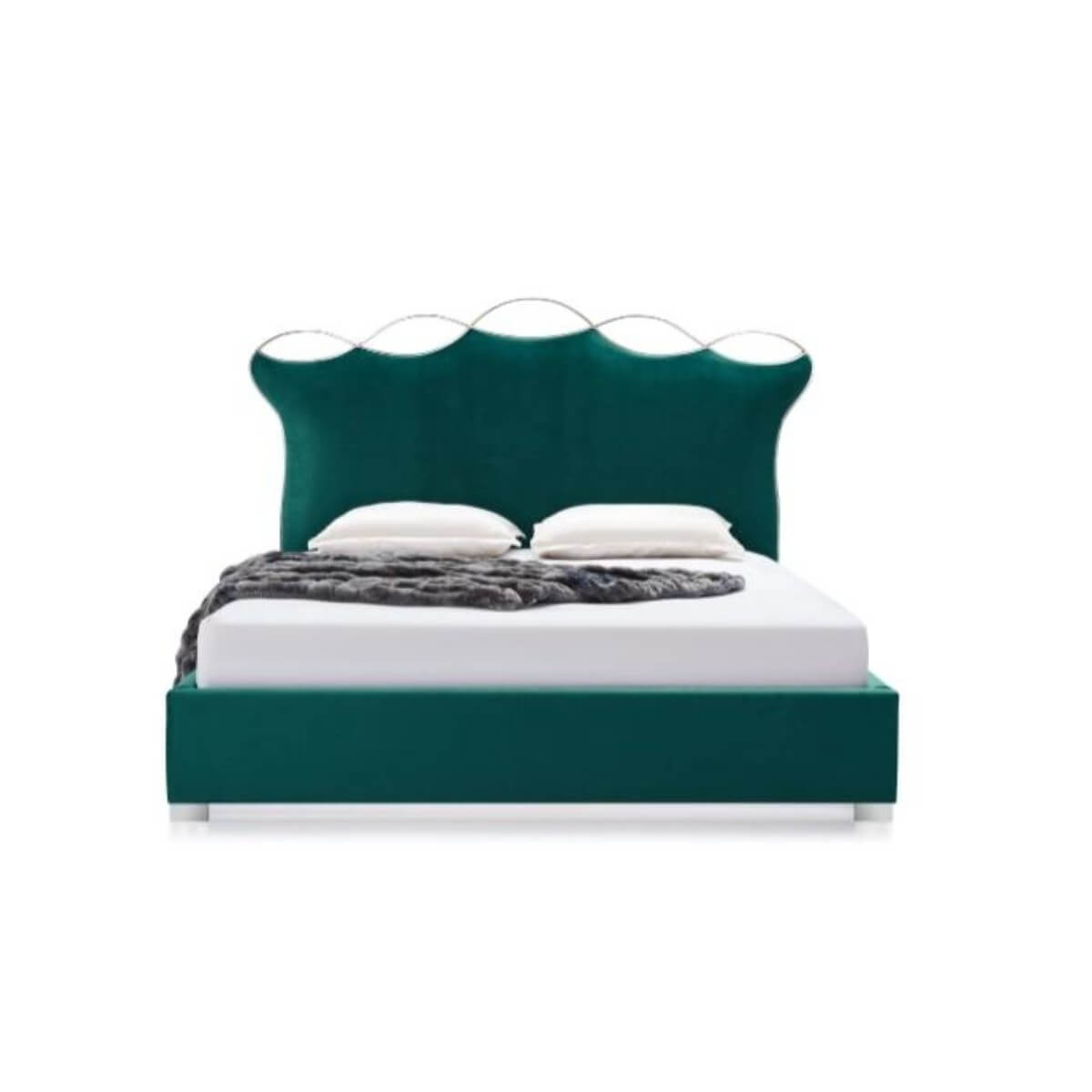 Front view of custom Dream Scape velvet bed featuring tufted headboard and luxurious plush upholstery