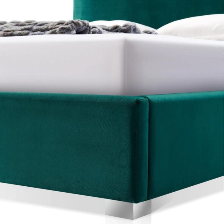 Close-up of custom Dream Scape velvet bed square stand showing solid structure and elegant fabric finish