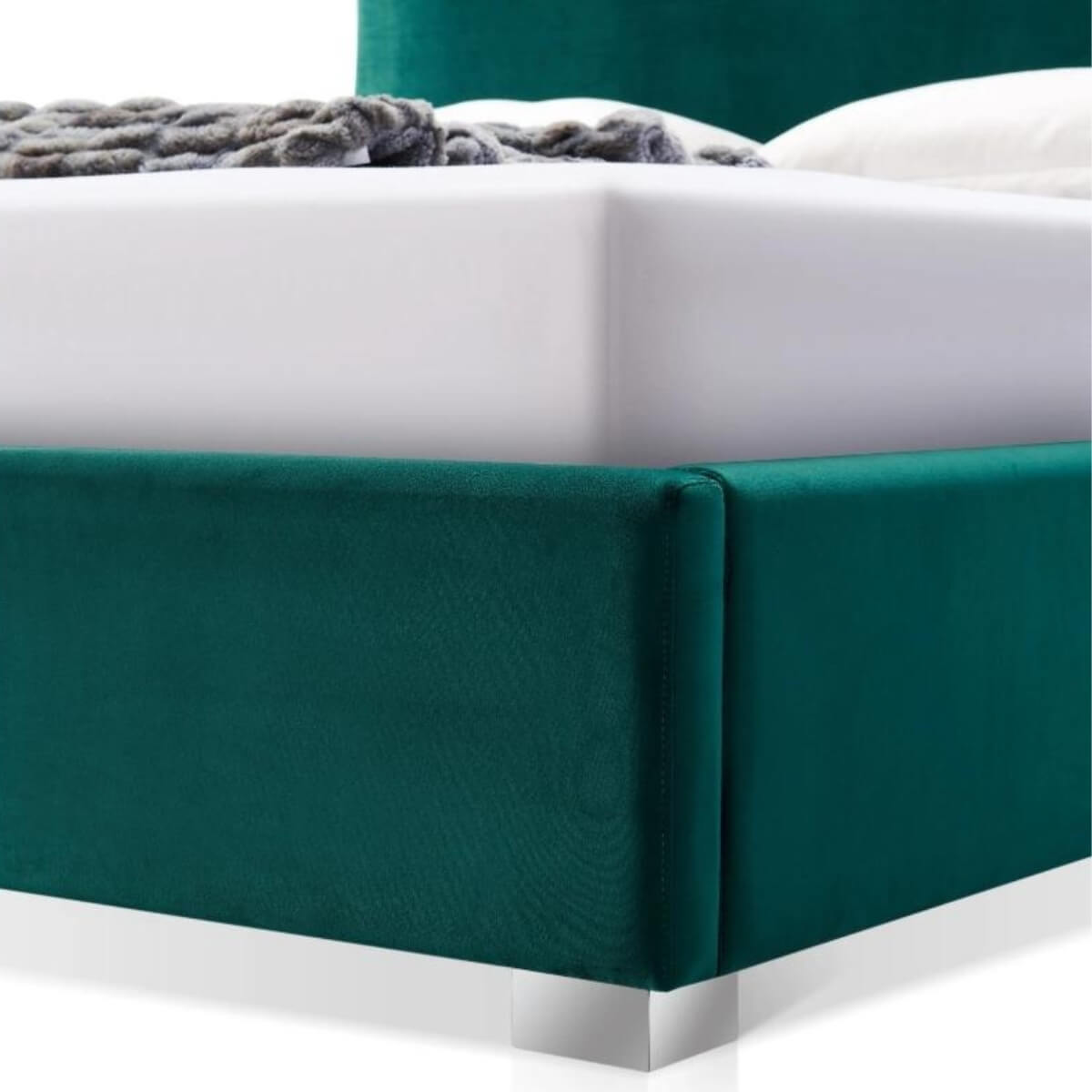 Front view of custom Dream Scape velvet bed featuring tufted headboard and luxurious plush upholstery