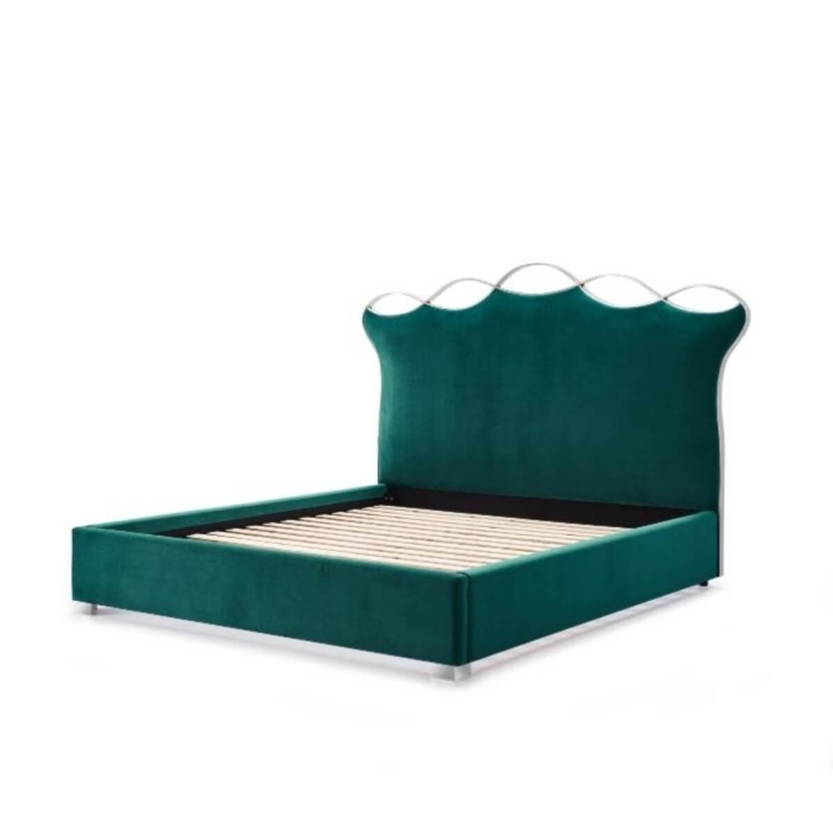 Custom Dream Scape velvet bed frame without mattress showcasing sturdy build and plush velvet finish