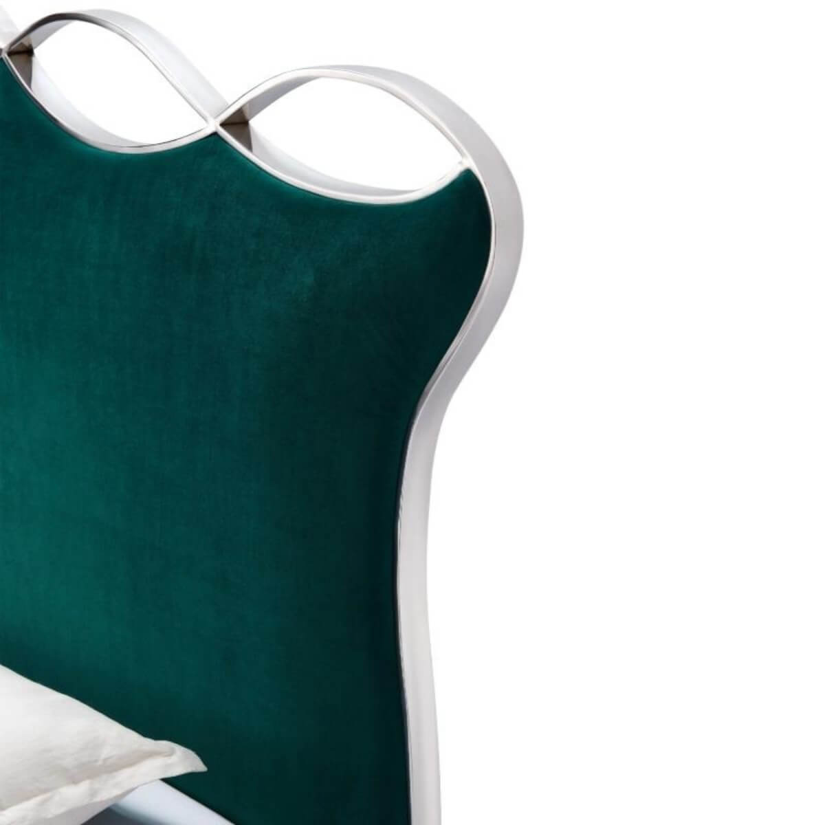 Close-up of custom Dream Scape velvet bed headboard featuring tufted design and soft velvet texture