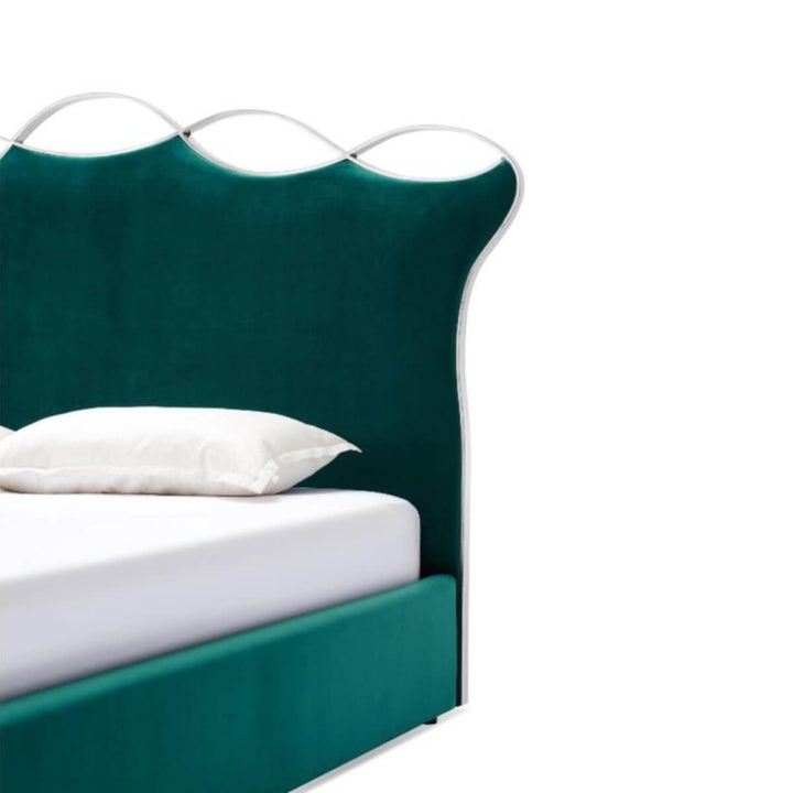 Close-up of custom Dream Scape velvet bed headboard featuring tufted design and soft velvet texture