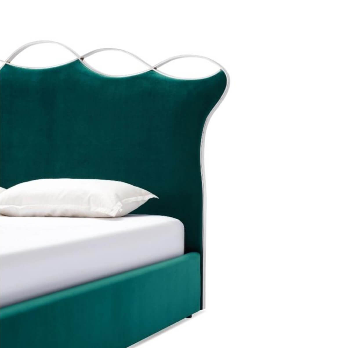 Close-up of custom Dream Scape velvet bed headboard featuring tufted design and soft velvet texture